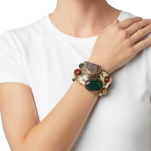 Boho Southwestern Mixed Metal Gemstone Cuff Bracelet Adjustable